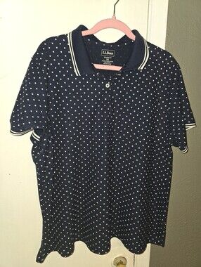 L.L. Bean Navy Polo with White Dot Print and Striped Collar Trim